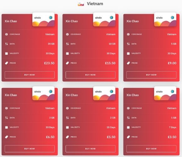 Airalo Xin Chao eSIM Plan Options